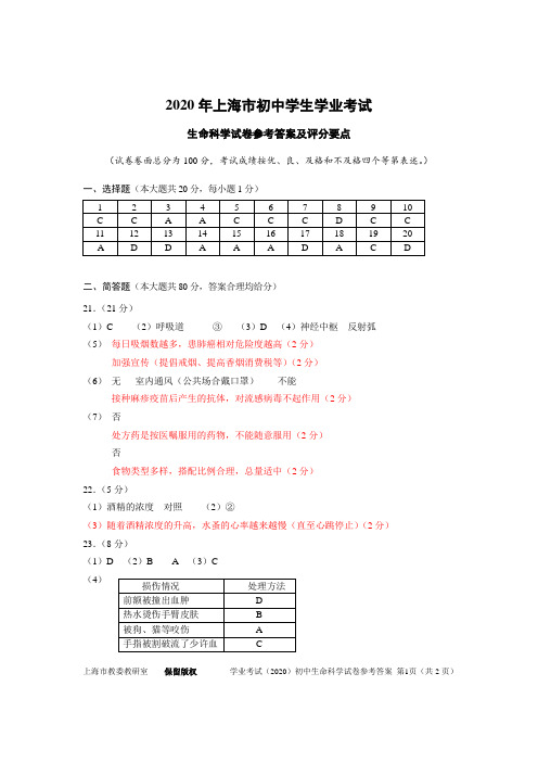 2020年上海市初中学生学业考试