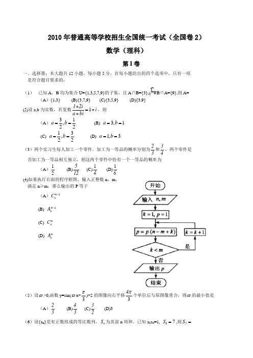 2010年高考理科数学试题及答案-全国卷2