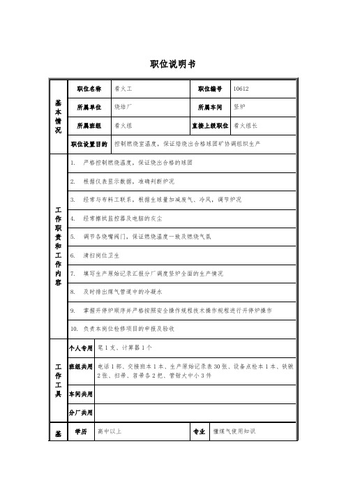 烧结厂职位说明书-看火工