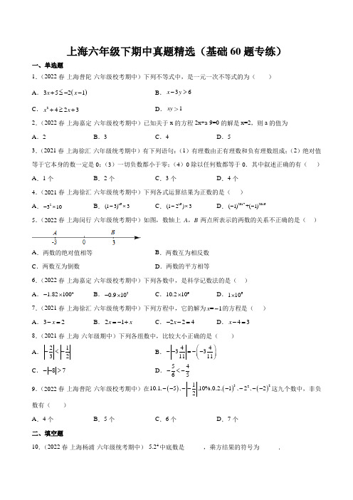 上海六年级下期中真题精选(基础60题专练)(原卷版)