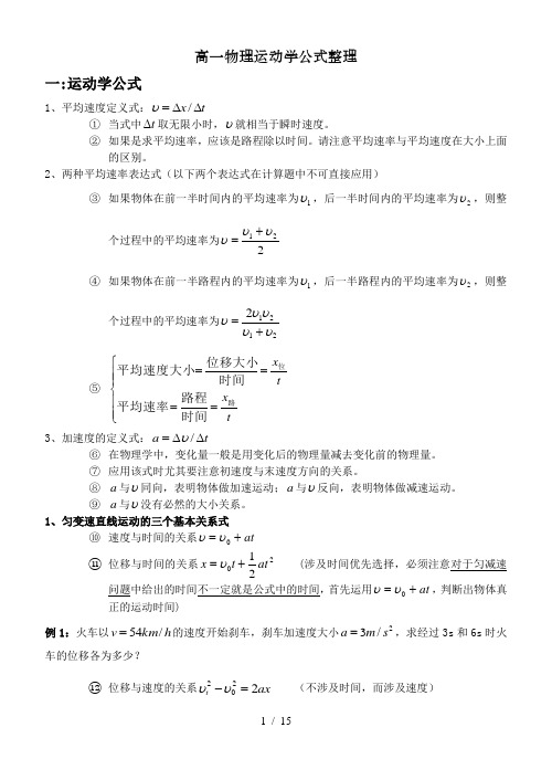 高一物理运动学公式整理