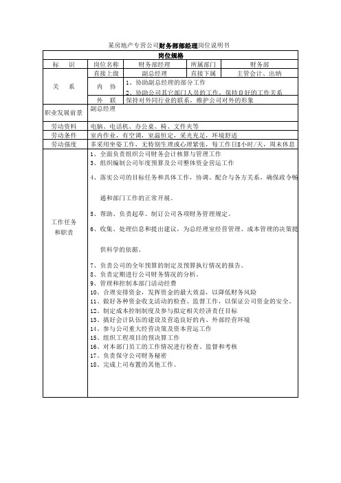 某房地产专营公司财务部部经理岗位说明书