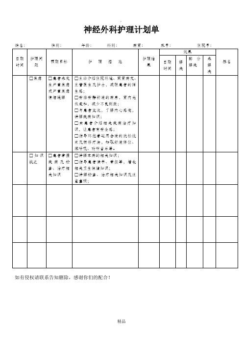 神经外科护理计划单