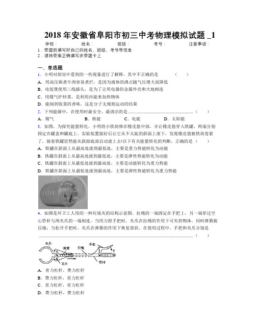 最新2018年安徽省阜阳市初三中考物理模拟试题及解析_1