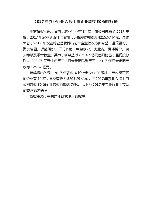 2017年农业行业A股上市企业营收50强排行榜