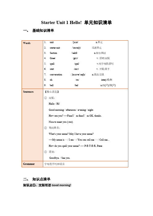 七年级英语上册Starter+Unit+1(单元知识清单)(人教版2024)