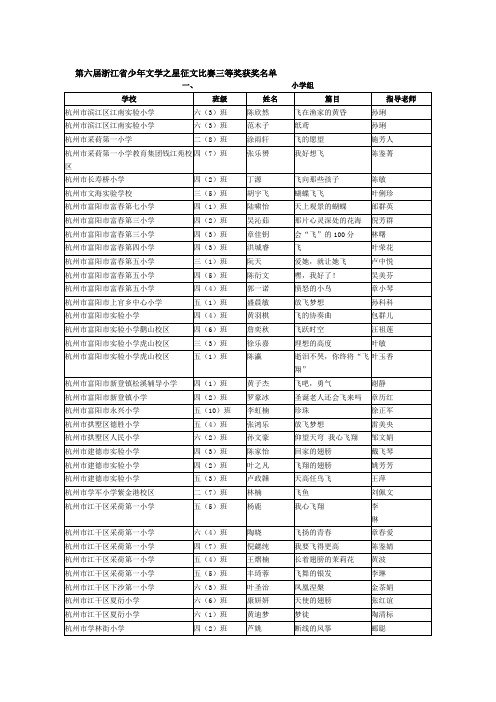 第六届浙江省少年文学之星征文比赛三等奖获奖名单