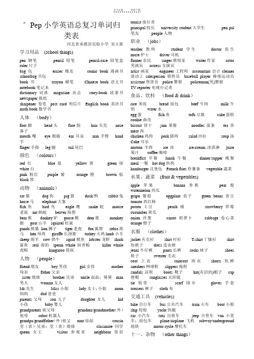 Pep小学英语总复习单词归类表)