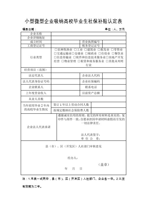 小型微型企业吸纳高校毕业生社保补贴认定表