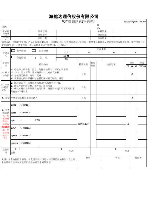 锡膏类检验报表