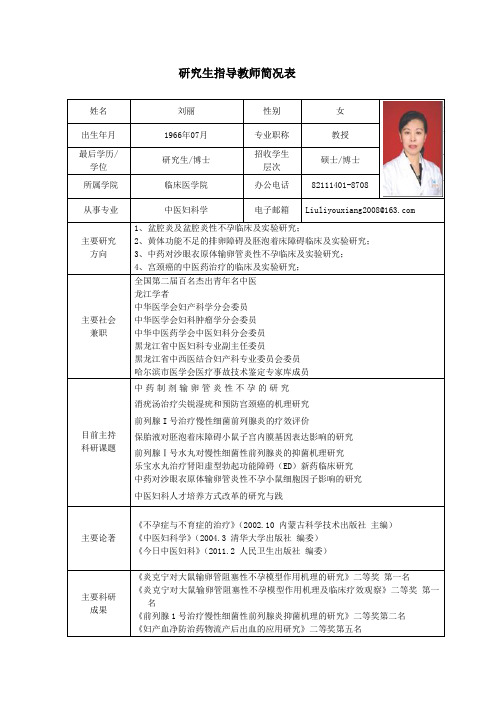 黑龙江中医药大学 博士研究生导师简介 刘丽