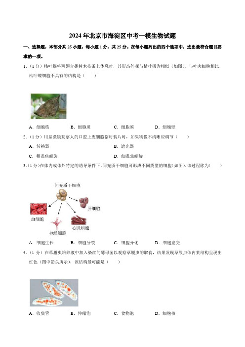 2024年北京市海淀区中考一模生物试题(含解析)