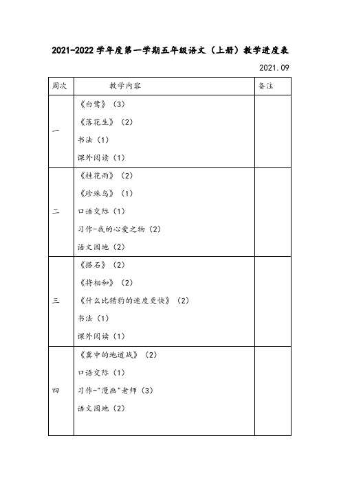 部编版五年级上册语文教学进度表