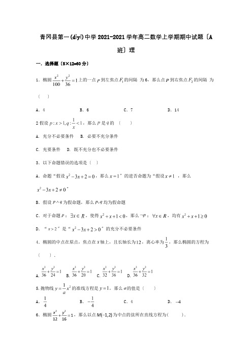 高二数学上学期期中试题A班理 试题(共10页)