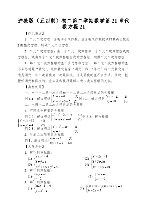 沪教版(五四制)初二第二学期数学第21章代数方程二元二次方程及方程组练习