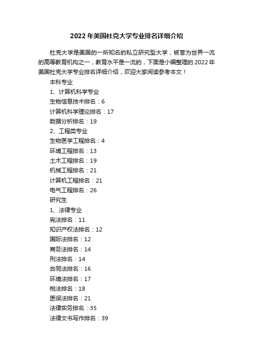 2022年美国杜克大学专业排名详细介绍