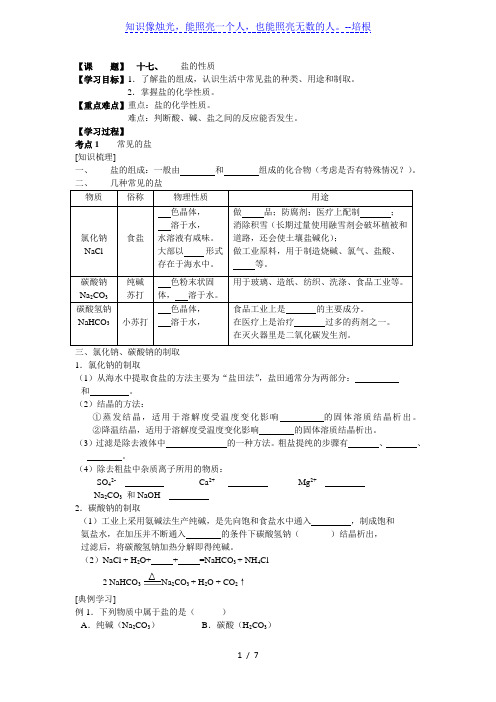 十七 盐的性质-山东省滨州市-山东省滨州市2020年中考化学(鲁教版)复习学案