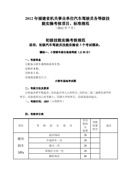 福建省机关事业单位汽车驾驶员各等级技能实操考核项目、标准规范