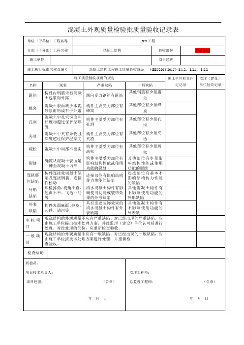 混凝土外观质量检验批质量验收记录表