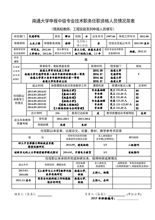 南通大学申报中级专业技术职务任职资格人员情况简表