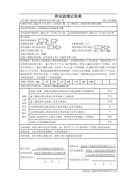 混凝土浇筑旁站记录表