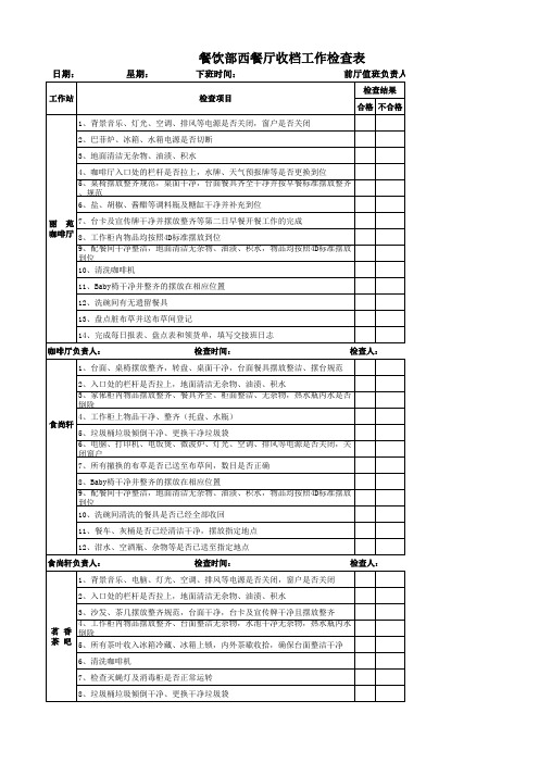 餐饮部西餐厅收档工作检查表