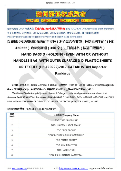 以塑料片或纺织材料作面的手提包(不论…(HS 420222)2017 哈萨克斯