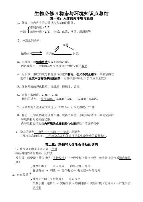 生物必修3稳态与环境知识点总结