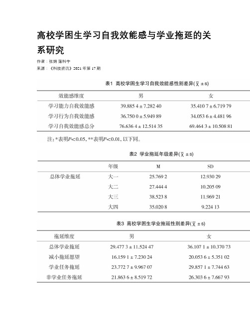 高校学困生学习自我效能感与学业拖延的关系研究