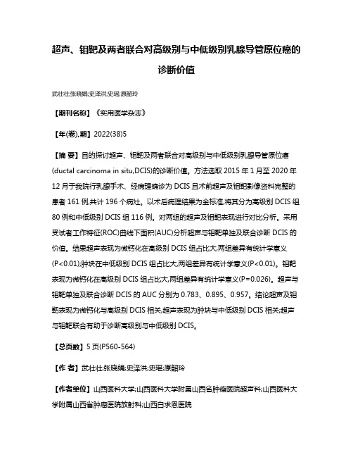 超声、钼靶及两者联合对高级别与中低级别乳腺导管原位癌的诊断价值