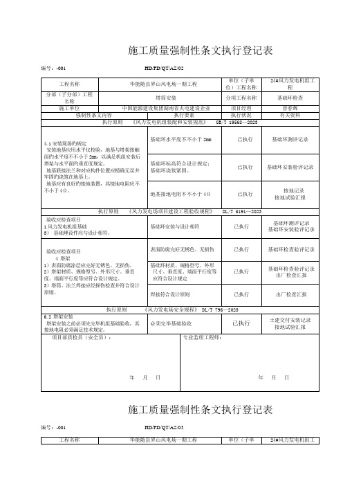 风机安装工程施工强制性条文执行记录表