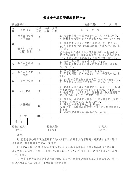 劳务分包单位管理考核评分表