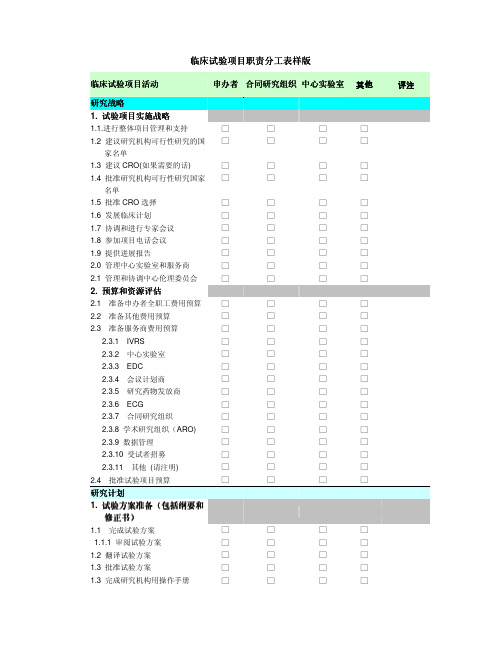 药物临床试验常用表5  临床试验项目职责分工表样本