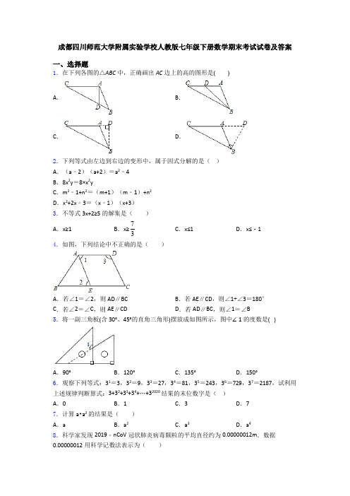 成都四川师范大学附属实验学校人教版七年级下册数学期末考试试卷及答案