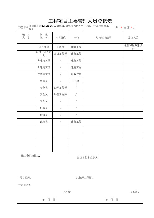 工程项目主要管理人员登记表(备案人员花名册)