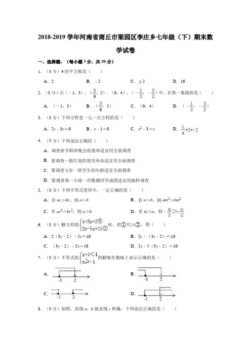 2018-2019学年河南省商丘市梁园区李庄乡七年级(下)期末数学试卷(解析版)