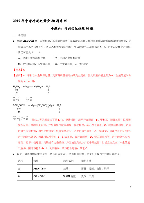 专题06 考前必做难题30题-2019年中考化学走出题海之黄金30题系列(解析版)