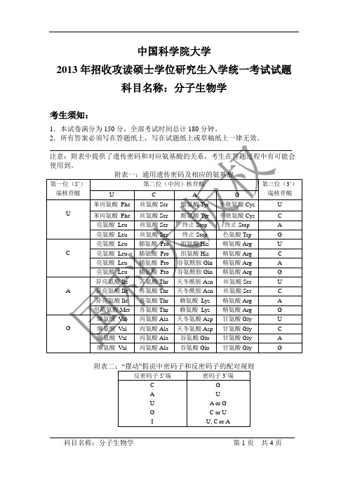 中国科学院大学2013年《分子生物学》考研专业课真题试卷