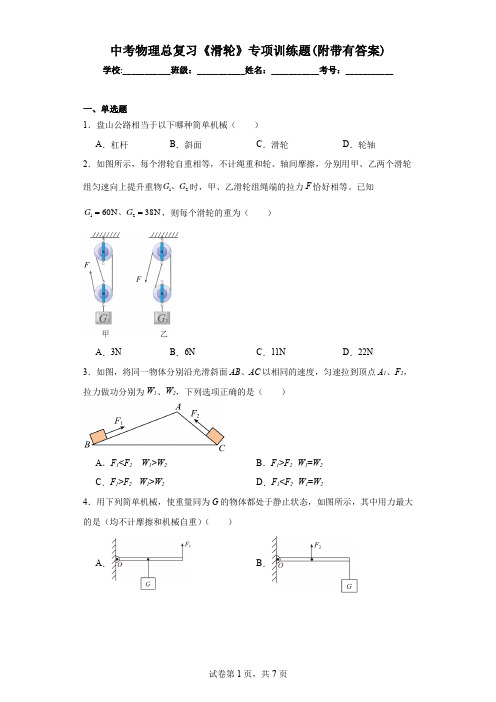 中考物理总复习《滑轮》专项训练题(附带有答案)