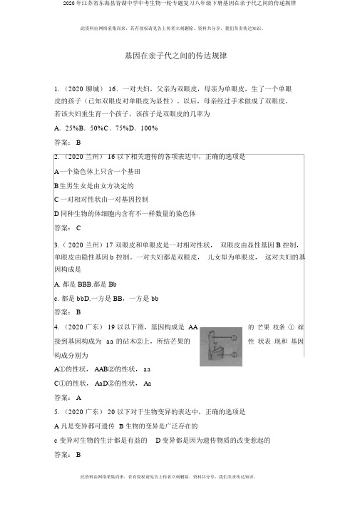 2020年江苏省东海县青湖中学中考生物一轮专题复习八年级下册基因在亲子代之间的传递规律