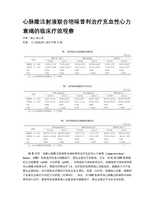 心脉隆注射液联合培哚普利治疗充血性心力衰竭的临床疗效观察