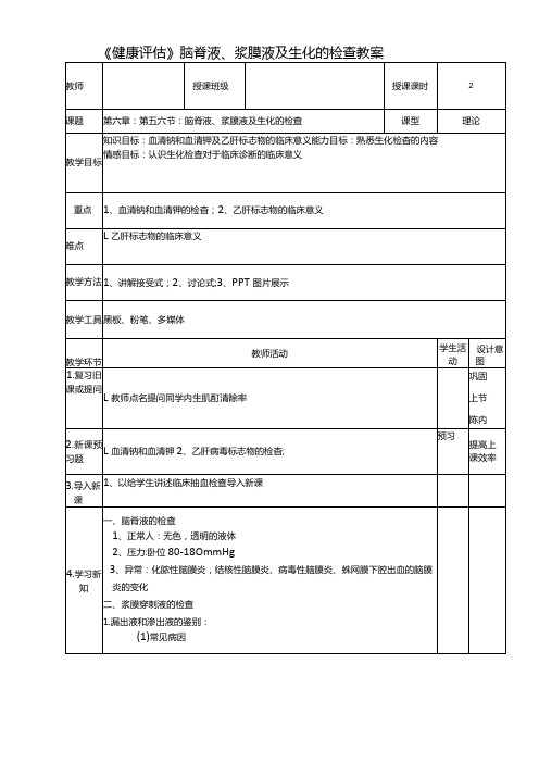 《健康评估》脑脊液、浆膜液及生化的检查教案