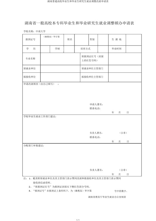 湖南普通高校毕业生和毕业生研究生就业调整改派申请表