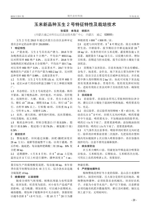 玉米新品种玉生2号特征特性及栽培技术