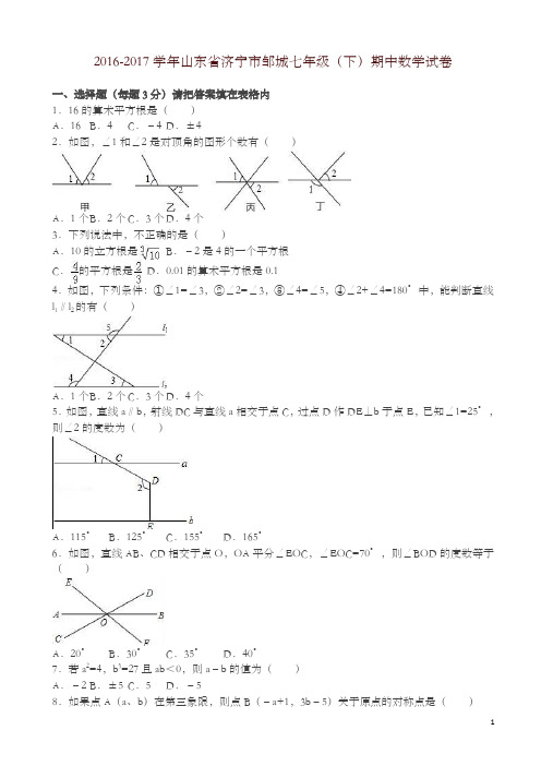 济宁市邹城七年级下期中数学试卷及答案-精