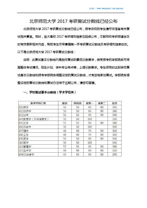 北京师范大学2017考研复试分数线已经公布