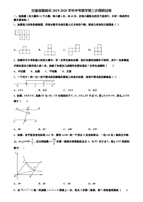 甘肃省陇南市2019-2020学年中考数学第三次调研试卷含解析