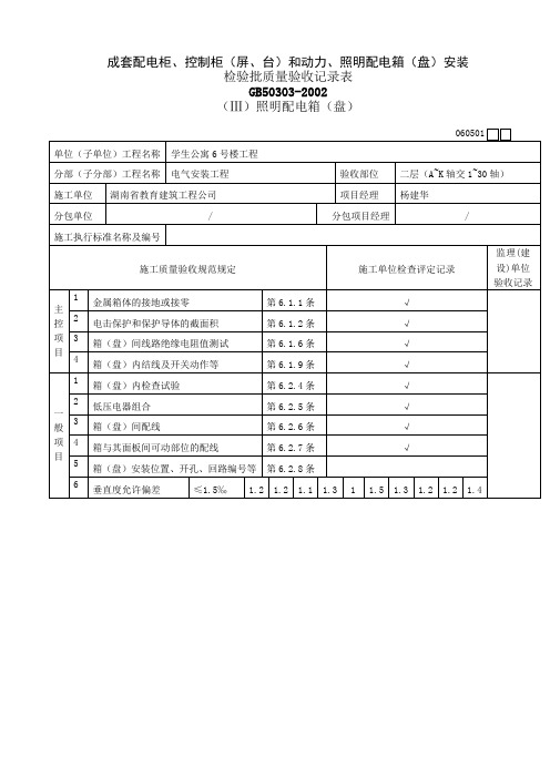 成套配电柜控制柜屏和动力照明配电箱安装检验批质量验收记录表.doc