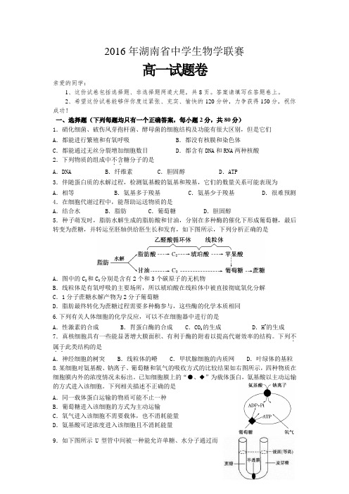 2016年湖南省中学生物学联赛高一试题卷、答题卷和参考答案