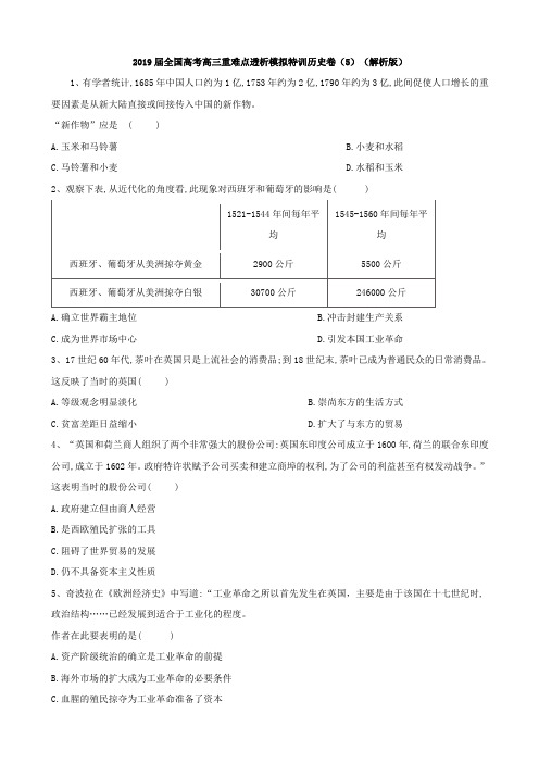 2019届全国高考高三重难点透析模拟特训历史卷（5）